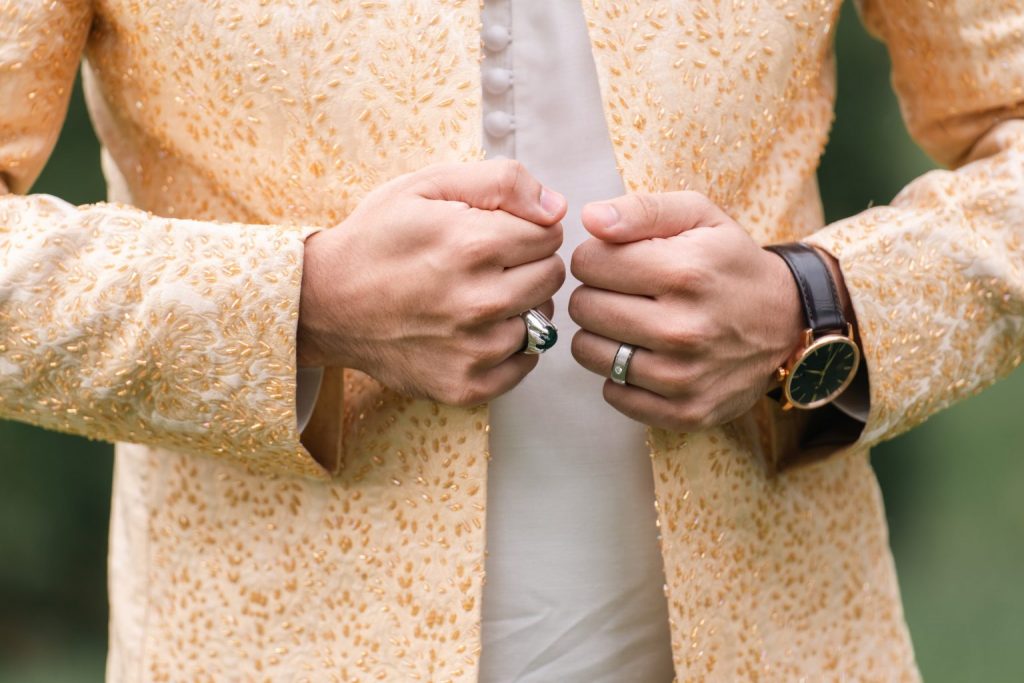Muslim groom sherwani detail ring watch Nikkah Brampton