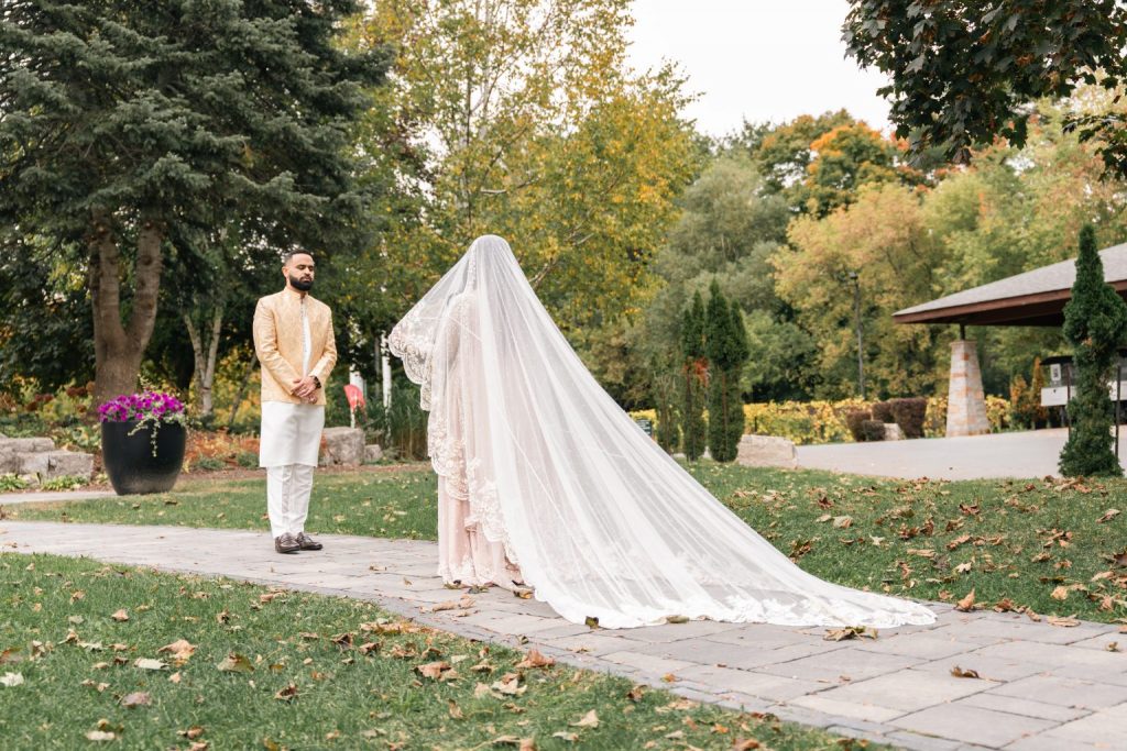 Muslim wedding couple outdoor veil portrait fall Brampton