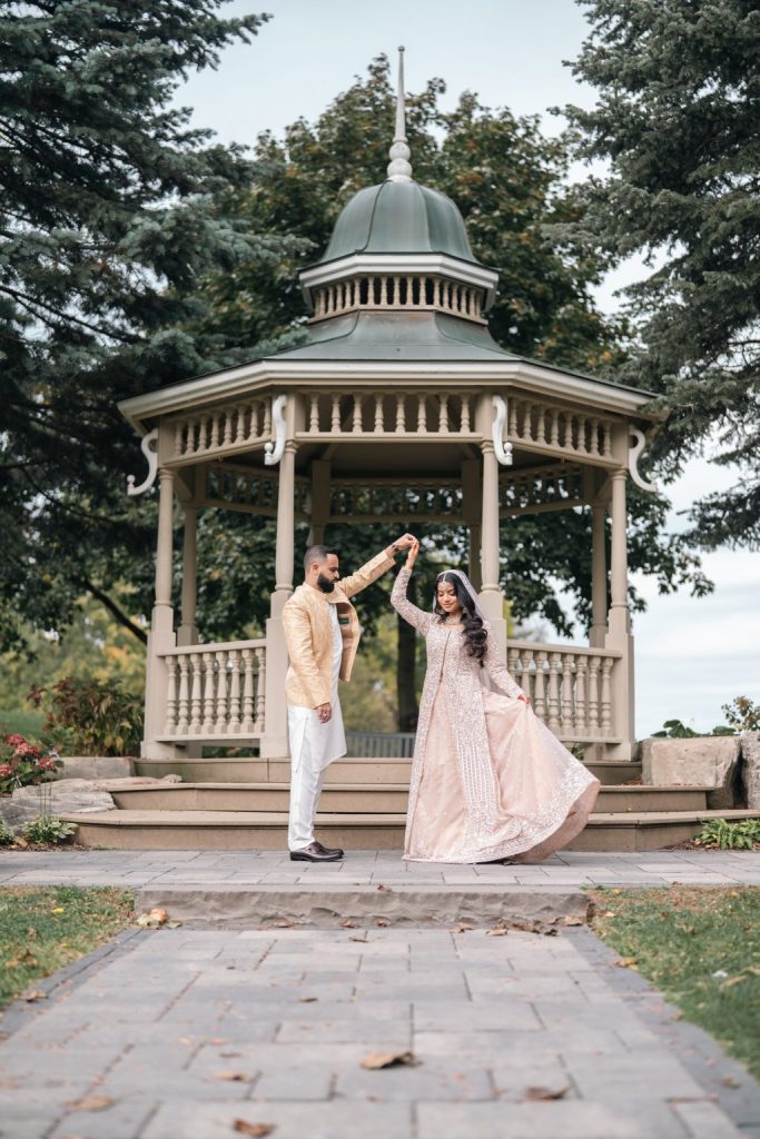 Muslim wedding couple spinning portrait gazebo Nikkah Brampton