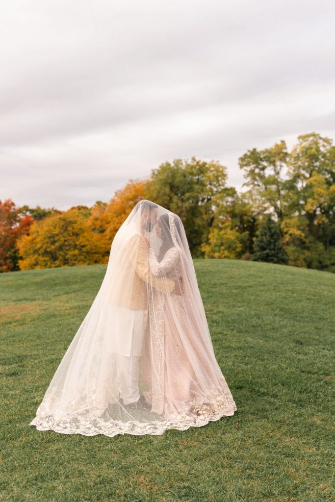 Muslim wedding couple veil portrait fall Lionhead Golf Club Brampton