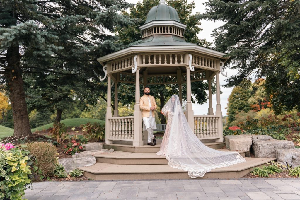 Muslim wedding couple veil portrait gazebo fall Brampton